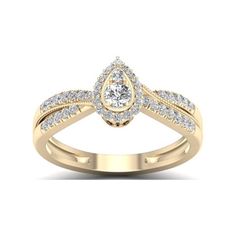 This bold style features a sparkling pear-shaped diamond composite wrapped in a frame of diamonds. Accent diamonds flanks the shank of the ring. Radiant with diamonds and a bright polished shine, this ring is certain to become a treasured keepsake. Size: 9.  Color: Yellow.  Gender: female.  Age Group: adult. Gold Hallmarked Pear-shaped Rings, Hallmarked Pear-shaped Yellow Gold Jewelry, Elegant Yellow Gold Pear-shaped Gemstones, Classic Yellow Pear-shaped Jewelry, Pear Shaped Halo Engagement Ring, Yellow Pear-shaped Gemstone Jewelry, Pear Shaped Diamond, Halo Engagement Rings, Halo Engagement Ring