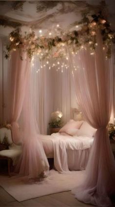 a canopy bed with pink drapes and fairy lights hanging from it's ceiling