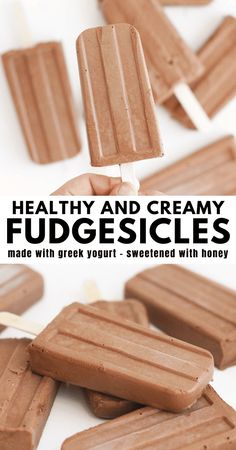 chocolate fudgesices with text overlay that reads healthy greek yogurt fudgesices