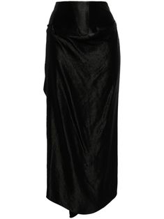 black satin weave high-waisted gathered detailing draped detailing curved hem concealed rear zip fastening Chic Ruched Evening Skirt, Chic Evening Skirt With Ruched Details, Elegant Ruched Skirt For Night Out, Chic Evening Ruched Skirt, Pre-draped Asymmetrical Skirt For Evening, Black Draped Skirt For Party, Black Draped Party Skirt, Black Draped Skirt For Cocktail, Ruched Draped Skirt For Night Out