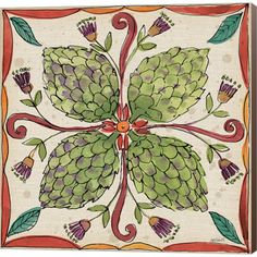 a decorative tile with leaves and flowers on it