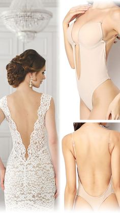 the back of a woman's bodysuit with lace detailing and an open bra