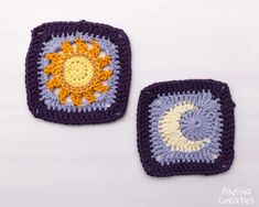 two crocheted squares with the sun and moon on them, one is purple