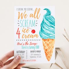 a hand holding up a card with an ice cream cone on it that says, we all scream 4 ice cream here is the scoops