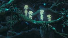 an animated scene with three little aliens in the middle of a forest filled with trees