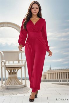 Lasaky - Chic Long-Sleeve Jumpsuit with Lantern Sleeves and Wide-Leg Design in a Sensuous Cut Elegant Long Sleeve Non-stretch Bodysuit, Elegant Fitted Long Sleeve Jumpsuits And Rompers, Elegant Long Sleeve Fitted Jumpsuit, Elegant Long-sleeved Jumpsuits And Rompers In Solid Color, Elegant Long Sleeve Solid Color Jumpsuits And Rompers, Elegant Long Sleeve Jumpsuits And Rompers In Solid Color, Elegant Long Sleeve Jumpsuit In Solid Color, Fitted Long Sleeve Solid Color Jumpsuits And Rompers, Fitted Long Sleeve Jumpsuits And Rompers In Solid Color