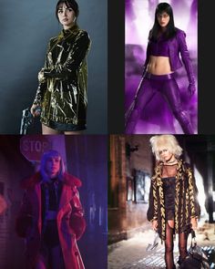 four different pictures of women in shiny clothes and jackets, one with an open jacket