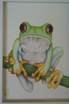 a painting of a frog sitting on a branch