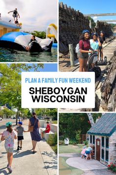 people are walking and riding in the water at sheboygan wisconsin's theme park