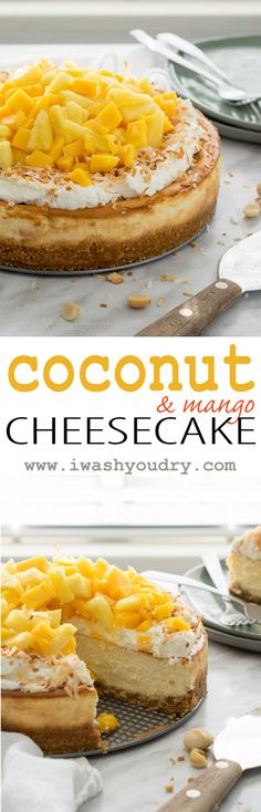 coconut and mango cheesecake on a cooling rack with a slice cut out to show the filling