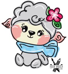 a cartoon sheep with a flower on its head and scarf around it's neck