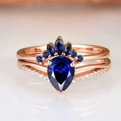 Dakota Sapphire Ring 14K Rose Gold Vermeil Ring Set Teardrop | Etsy Vintage Blue Sapphire Ring, Teardrop Engagement Ring, Morganite Engagement Ring Oval, Promise Rings Vintage, Popular Engagement Rings, Blue Sapphire Ring, Sapphire Color, Wedding Ring Designs, Birthday Gift For Her