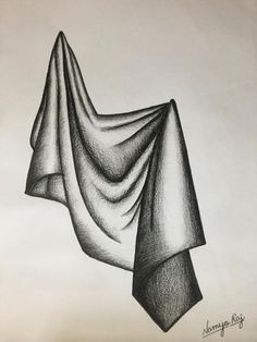 a black and white drawing of an object with a long, flowing fabric on it