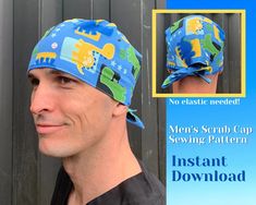 a man wearing a blue bandana with animals on it and the words men's scrub cap sewing pattern