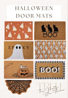 halloween door mats with the words boo, spooky and ghost on them in different colors