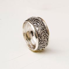 Filigree Sterling Silver Ring | Trendivine Ornate Silver Engraved Ring For Promise, Ornate Silver Engraved Promise Ring, Elegant Engraved Sterling Silver Ring, Silver Sterling Silver Engraved Ring, Silver Engraved Sterling Silver Ring With Round Band, Silver Sterling Silver Engraved Round Band Ring, Silver Sterling Silver Engraved Wide Band Ring, Sterling Silver Etched Jewelry For Promise, Elegant Wide Band Ring Stamped 925