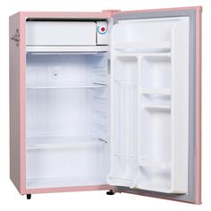 an open pink and white refrigerator with its door open