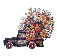 a drawing of an old truck with flowers in the back