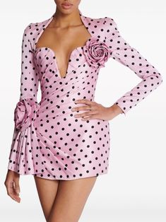 Balmain Polka dot-print Pleated Minidress - Farfetch Rose Mini Dress, Pink Polka Dot Dress, Printed Short Dresses, 3d Rose, Polka Dot Shorts, City Dress, Dolce E Gabbana, Pink Mini Dresses, Fabulous Fashion