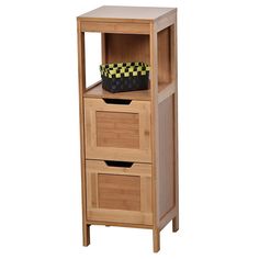 a wooden cabinet with three drawers and a basket on the bottom shelf, against a white background