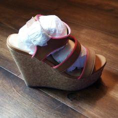 Tan And Cork Wedge Sandal With Hot Pink Outline Never Worn. New In Box. Size 7.5 Justfab (Shoedazzle) Tulum Pink Wedge Sandals, Just Fab Shoes, Cork Wedges Sandals, Justfab Shoes, Shoe Dazzle, Wedge Sandal, Womens Shoes Wedges, Cork Wedge, Tulum