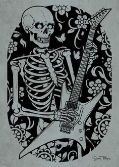 the skeleton is holding a guitar in his hand and he has a skull on it