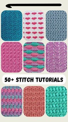 the crochet pattern is shown in different colors and sizes, including pink, blue,