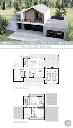 the floor plan for a modern house with two levels and an open living area in the middle