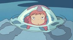 a cartoon character floating on top of an ice floet with pink hair and blue eyes