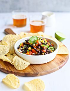 photo of black bean salad in a white bowl on a cutting board surrounded by tortilla chip9s Dash Diet Meal Plan, Black Bean Salad Recipe, Dash Recipe, Dash Diet Recipes, Black Beans Corn, Black Bean Recipes, Bean Salad Recipes, Cold Salad