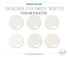 six white paint colors with the words, designer favorite whitess color palette on them