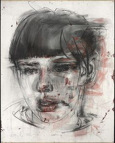 a drawing of a woman's face in black and white with red streaks on it