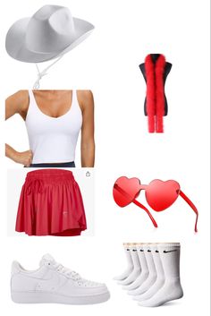 a woman in white shirt and red skirt with hat, sunglasses and other items for her outfit