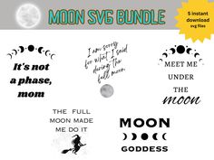 the moon svg bundle is shown in black and white, with different font styles