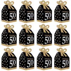 black and gold 60th birthday party treat boxes with polka dot design, set of 12