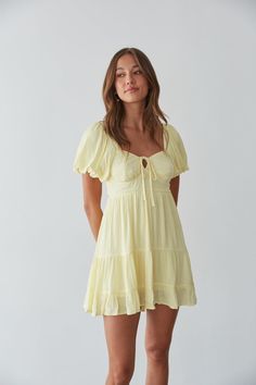 Ready for sunshine in the Dallas Open Back Puff Sleeve Babydoll Mini Dress! This puff sleeve dress features an adjustable lace up back, adjustable keyhole front, and an open back. Available in black, yellow, brown, and sienna. Step into the Lassy Boots from Steve Madden for a coastal cowgirl vibe. Details 100% Rayon Double Lined Elastic band in the back for extra stretch Material has some stretch Hand wash cold / line dry Velvet Lace Dress, Babydoll Mini Dress, Flowy Mini Dress, Country Dresses, Tiered Ruffle Dress, Corset Mini Dress, Puff Sleeve Dress, Simple Trendy Outfits, Hoco Dresses