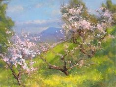 an oil painting of trees in bloom on a sunny day with mountains in the background