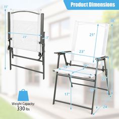 two folding chairs are shown with measurements for each chair, and the size is indicated