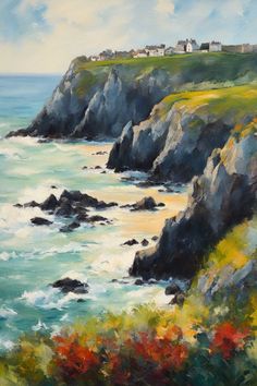 an oil painting of the ocean and cliffs