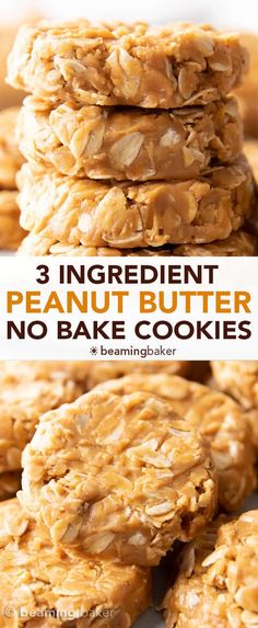 three ingredient peanut butter no bake cookies stacked on top of each other with text overlay