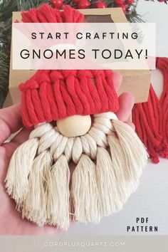 a hand holding a red and white knitted gnome ornament with text overlay that reads, start crafting gnomes today