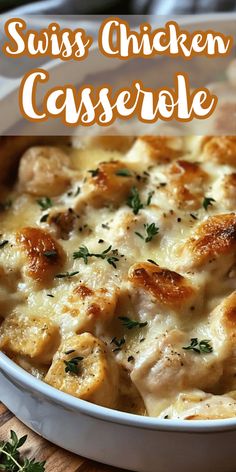 a casserole dish with chicken and cheese in it on a wooden table next to parsley