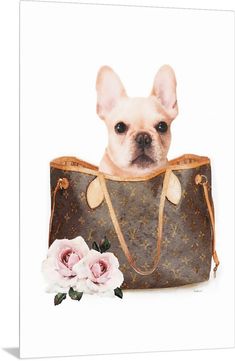 a small dog sitting in a louis vuitton bag with flowers on the side