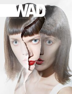 two women with short hair and red lipstick are split apart from each other in this magazine cover