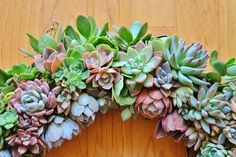 a wreath made out of succulents on a wooden surface