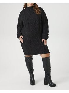 Forever 21+
 - A cable knit sweater dress featuring a mock neck, dropped long peasant sleeves, mini length, ribbed trim, and shift silhouette.Plus Size Cable Knit Sweater Dress Black Casual  Long Sleeve  Plain    Women Plus Clothing, size features are:Bust: ,Length: ,Sleeve Length: Dress Outfits Plus Size, Forever 21 Plus Size, Peasant Sleeve, Cable Knit Sweater Dress, Ootd Dress, Winter Dress Outfits, Shein Outfits, Knit Sweater Dress, Cable Knit Sweater