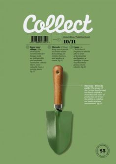 the cover of collect magazine with a green shovel and wooden handle in front of it