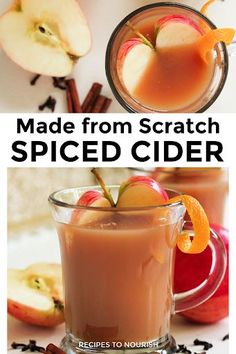 Two photos, one with an overhead shot of one glass mug filled with hot apple cider, slice of apple and a twist of orange peel surrounded by cinnamon sticks, whole cloves, a half an apple sitting around the mug and a second photo with a glass mug filled with apple cider, filled with an apple slice and an orange peel twist with a second mug in the background, and half an apple, whole red apple and whole cloves next to it, with text that says Made from Scratch Spiced Cider. Home Made Apple Cider Recipe, Hot Apple Cider Recipe For A Crowd, Hot Spiced Cider Crock Pot, Apple Cinnamon Cider, Hot Apple Cider For A Crowd, The Best Apple Cider Recipe, Got Apple Cider Recipe, Hot Apple Drink, Red Hots Apple Cider Recipe