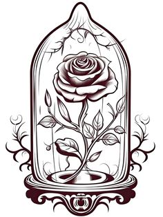 a drawing of a rose in a glass bottle with leaves on the bottom and inside