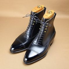 Handmade Mens Black Calf Leather Cap Toe Ankle High Lace up Boots on Storenvy Lace Up Boot Outfit, High Lace Up Boots, Ankle Lace Up Boots, Wingtip Boots, Quality Leather Boots, Big Men Fashion, Pregnancy Shoes, Custom Design Shoes, Oxford Boots